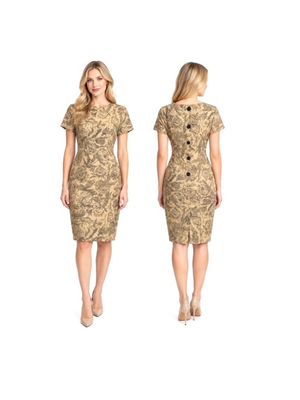Liz Claiborne, Petite Floral Toile Sheath Dress Linen Look Button Back, Size 10